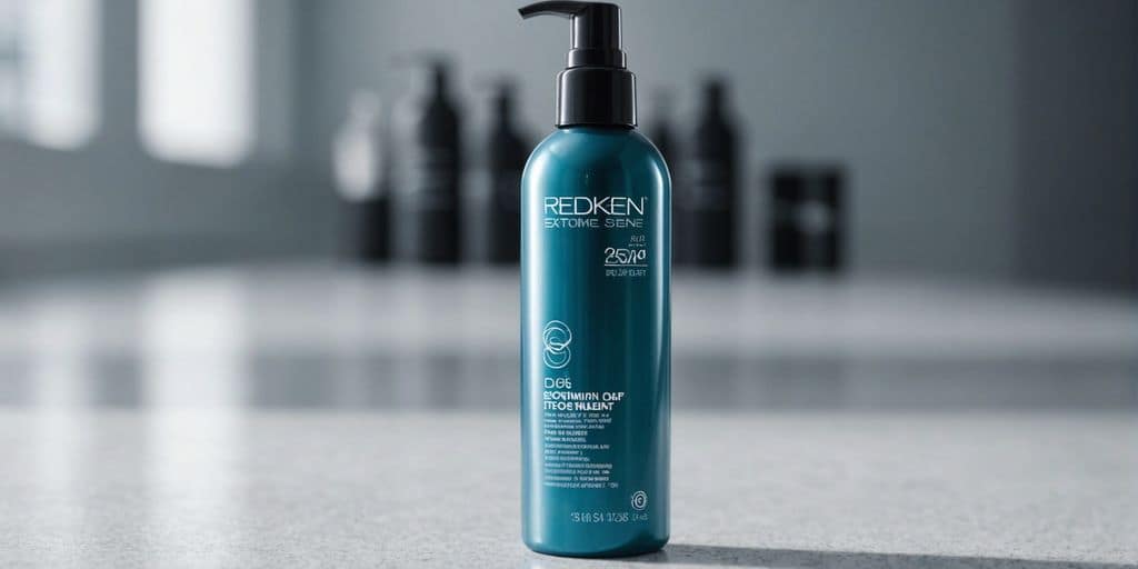 Redken Extreme Anti-Snap Leave-In Treatment bottle on a white surface with hair strands, highlighting its use for damaged hair.
